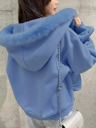 FRIFUL Women's Autumn/Winter Thermal Lined Hooded Patchwork Zip-Up Sweatshirt