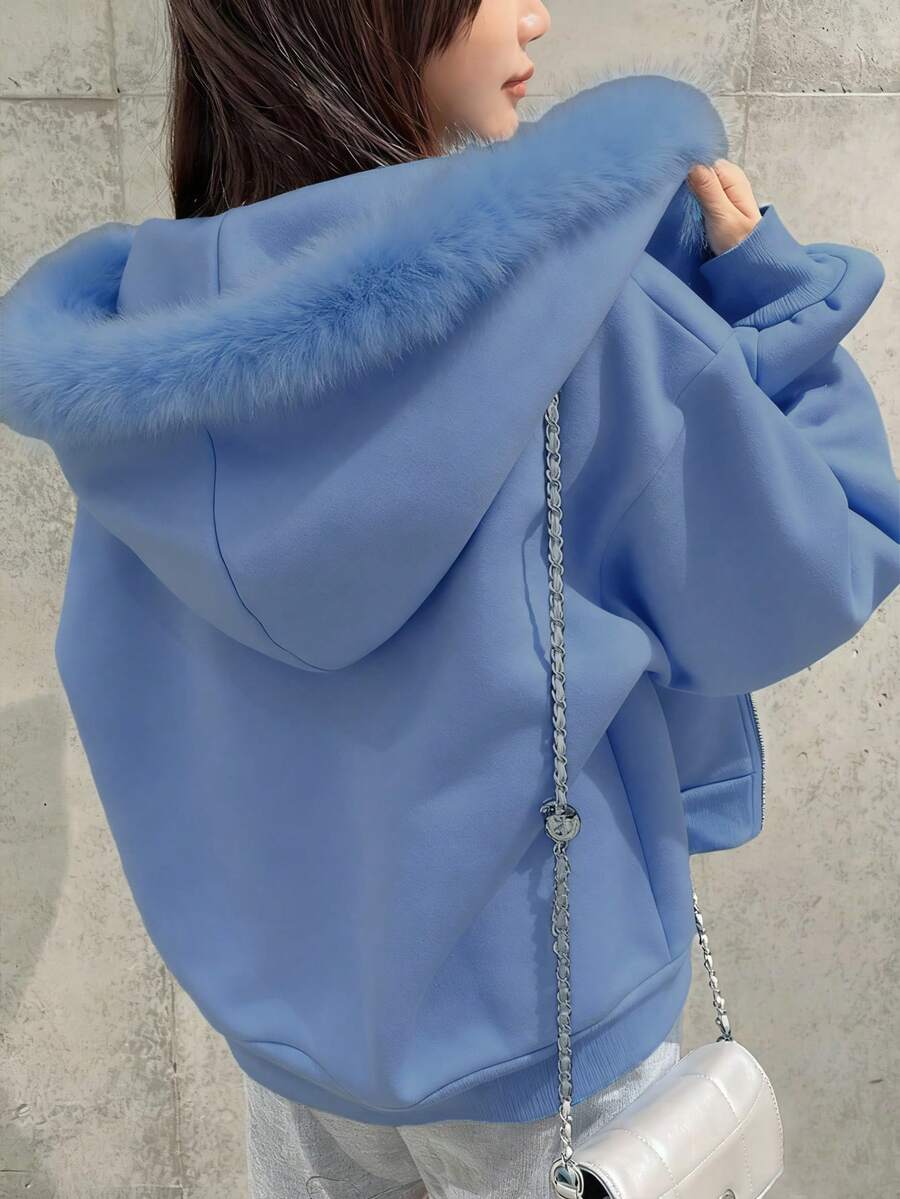 FRIFUL 女士秋冬季保暖连帽拼接拉链卫衣 - 藍色 - 查看 1