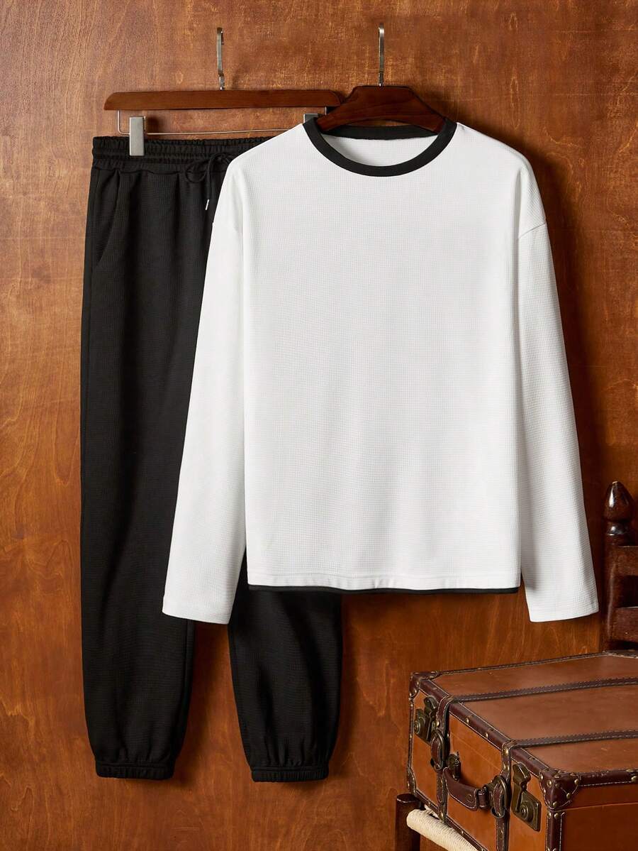 Manfinity VCAY 男士休闲通勤T恤和抽绳腰带慢跑裤套装 - 彩色 - 查看 1