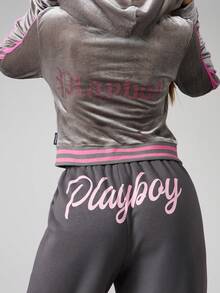 Missguided x Playboy Velour Zip Up Hoodie Jacket With Rhinestone Logo And Pink Trim Details - Grey - View 4