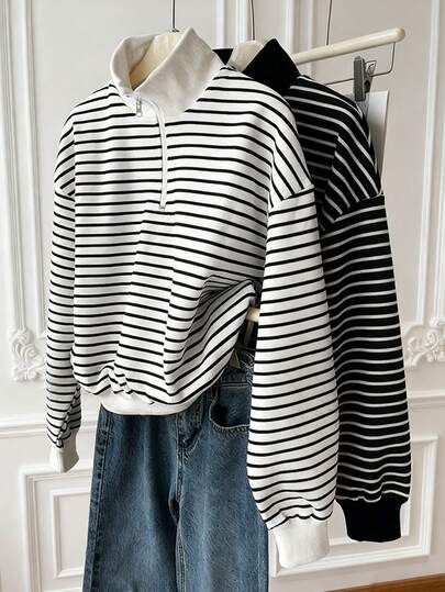 Resyla 大码女式拉链半开襟落肩长袖休闲白色条纹卫衣