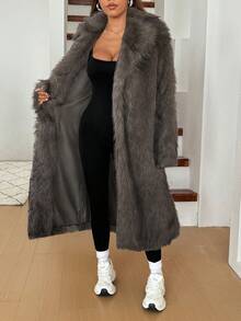 SHEIN EZwear 女士时尚仿皮草外套，适合冬季通勤 - 灰色 - 查看 6