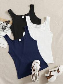 SHEIN Teen Girls' 3pcs/Set Casual Basic Tank Tops, Multicolor - Multicolor - View 3