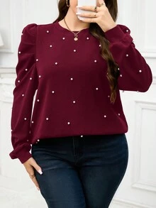SHEIN Clasi 优雅加大码女式卫衣，饰有串珠泡泡袖，圆领，秋冬款 - 酒紅色 - 查看 3