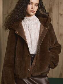 Revavyn Revavyn Women's Coffee Brown Short Faux Fur Coat,Winter Elegant Date Faux Leather Patchwork Buttons Straight Fit Fluffy Collar Jacket For Holiday Party - Coffee Brown - View 4