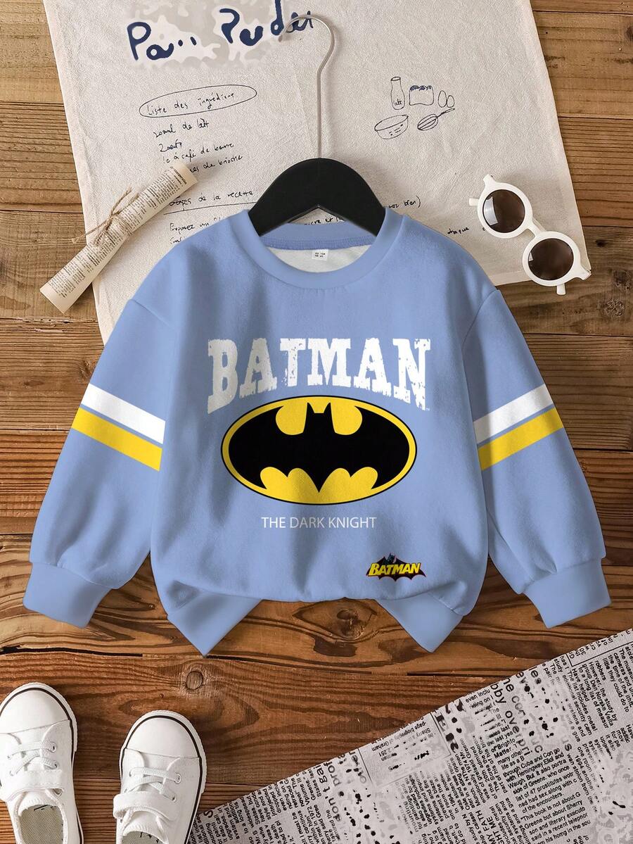 BATMAN X SHEIN 年轻男孩秋冬休闲蝙蝠标志和字母图案撞色条纹落肩保暖套头衫 - 白色 - 查看 1