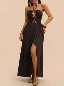 Travachic Women's Vacation Solid Color Hollow Out Sexy Beaded Halter Dress - Brown - View 1