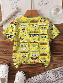 SpongeBob SquarePants | SHEIN Young Boy Cartoon Print Round Neck Short Sleeve T-Shirt , Summer - White - View 2