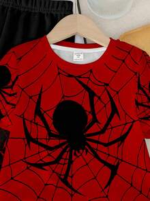 SHEIN 2pcs/Set Young Boy Casual Classic Spider Graffiti Cartoon Sporty Cool Street Style Round Neck Short Sleeve T-Shirt And Pants Set