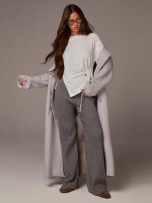 Athîral Women's Chic Summer Off-White Solid Color Casual Tie-Front Top,With Drawstring And Pleats,Classic Style Professional Everyday Basic T-Shirt - White - View 1