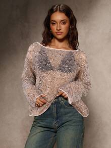 Aloruh Áo cánh tay dài sequin màu hồng bóng, thích hợp cho các bữa tiệc mùa thu - Hồng - Xem 5