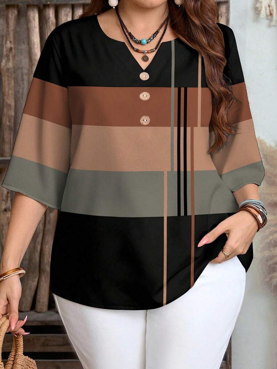 EMERY ROSE Casual Women's Plus Size Notched Neck Striped Blouse Half Sleeve Regular Fit Multicolor Woven Fabric Top,Spring/Summer/Vacation