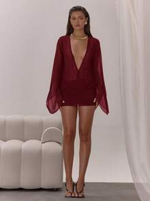MUSERA Đầm ngắn tay cánh dơi khoét sâu phía trước bằng vải lưới, thích hợp cho lễ hội Ibiza, kỳ nghỉ xuân hè, du lịch, thanh lịch và gợi cảm. - Màu Đỏ Sâu - Xem 3