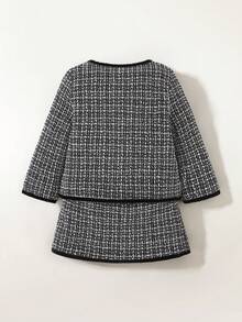 Maija Kids Young Girl Classic Autumn And Winter Fashion, Versatile, Suitable For Outdoor, Home, Party, Daily Leisure, Elegant, Simple Round Neck Black Velvet Lace, Metal Button Decoration Coat, Pleated Half-Length Skirt, Classic Black And White Thick Tweed Suit Suitable For Christmas. Fall