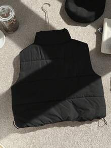 Comfortcana Plus Size Casual Stand Collar Black Padded Vest Winter Fall Autumn , Puffer Vest - Black - View 2