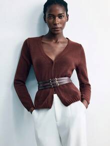 Maija Chic Maroon Autumn Office Sweater Women's Casual V-Neck Belted Cardigan,Solid Color Long Sleeve Knit Top,Daily Wear Minimalist Christmas Jerseys - Brown - View 7