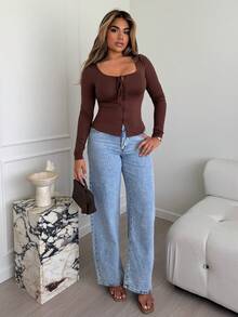 Maria Perezxox Elastic Knit Solid Color Round Neck Lace Up Cuffs Decorated Form-Fitting Casual Women T-Shirt Fall Cloth For Women - Coffee Brown - View 1