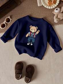 PrepCrw 男婴休闲简约时尚可爱小熊印花背带裤和圆领毛衣，适合秋冬季节和上学穿着。 - 彩色 - 查看 2