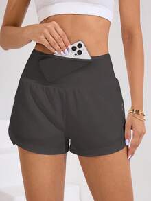 Easithlete 女士弹力腰带口袋宽松休闲双层短裤高腰健身短裤女士运动短裤 - 深灰色 - 查看 5