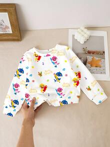 BABY SHARK X SHEIN 女婴休闲可爱鲨鱼印花圆领运动衫，秋季