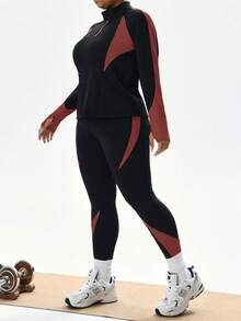SHEIN Sports 加大码 Neon Splice 两件套，半拉链长袖修身运动衫（带拇指孔）和紧身高腰打底裤 - 彩色 - 查看 3