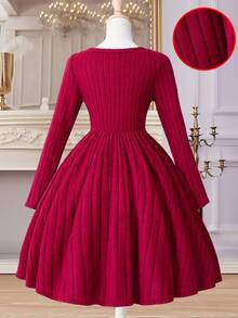 Glamorique Kids Vestido de manga larga con cuello de barco en rojo vintage para niñas, con textura acanalada elegante y decoración de dobladillo con cuentas, adecuado para Navidad, fiestas, otoño/invierno - Burdeos - Ver 2