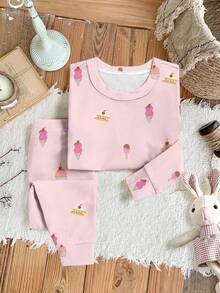 SHEIN 少女休闲舒适冰淇淋图案T恤和裤子家居服套装 - 淺粉色 - 查看 3