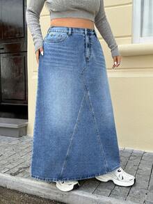 Jeanoix Plus Size Color Block Zipper Pocket Casual Versatile Denim Skirt - Blue - View 3