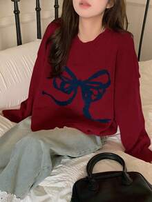 DAZY Women's Loose Fit Crew Neck Bowknot Pattern Sweater Christmas - Burgundy - View 2