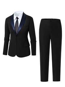 SHEIN Conjunto de 2 peças para adolescente, elegante e casual, composto por blazer preto slim fit de camada única com gola azul e calça social preta. Ideal para festas de aniversário, galas, apresentações, eventos, casamentos, para convidados e como pajem ou dama de honra.