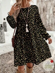 EMERY ROSE Vestido Casual Solto com Estampa Floral Miúda e Leopardo de Gola Redonda, Adequado para Outono/Inverno, Plus Size