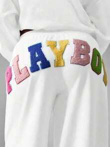 Missguided x Playboy 圣诞阔腿运动裤，带贴花装饰 - 白色 - 查看 4