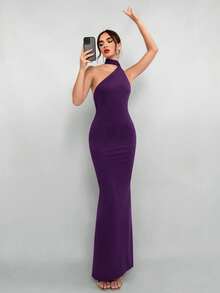 Aloruh Women's Solid Red Backless Halter Dress, Suitable For Date, Christmas Party, Evening Event - Purple - View 4