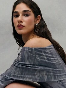 TypaGal Modern Off-Shoulder Printed Bodycon Dress In Soft Grey Tones With A Pleated Neckline. A Chic And Elegant Piece For Party Nights Or Evening Events. - Green - View 5