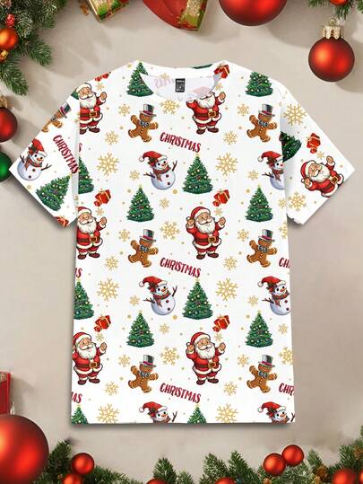 Manfinity Homme Weihnachtlich süßer Weihnachtsmann, Weihnachtsbaum, Schneemann Element modischer lässiger Allover-Muster Herren Standard Passform Kurzarm T-Shirt, warme Familienatmosphäre passende Familie/Paar Outfits