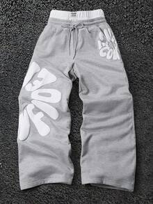 PAVTROS Men's Letter Print Drawstring Waist Loose Fit Casual Sweatpants Sweatpants Grey Stacked Sweat Pants