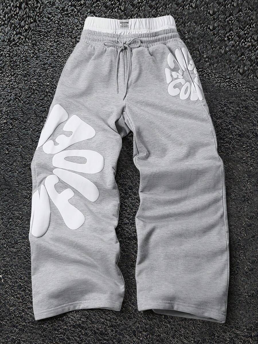 PAVTROS Men's Letter Print Drawstring Waist Loose Fit Casual Sweatpants Sweatpants Grey Stacked Sweat Pants