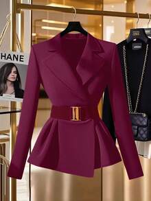 GlowEve Women's Elegant Notched Collar Cinched Waist Blazer Jacket, Suitable For Commuting In Autumn - Red Violet - View 1