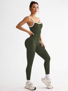 SHEIN Sports Women's Contrast Color Camisole Jumpsuit/Seamless/Waist Cinching/Adjustable - Dark Green - View 4