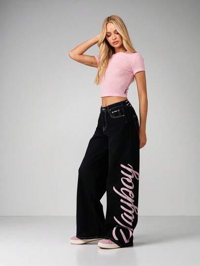 Missguided x Playboy High Rise Wide Leg Bunny Logo Script Baggy Jeans With Pink Details