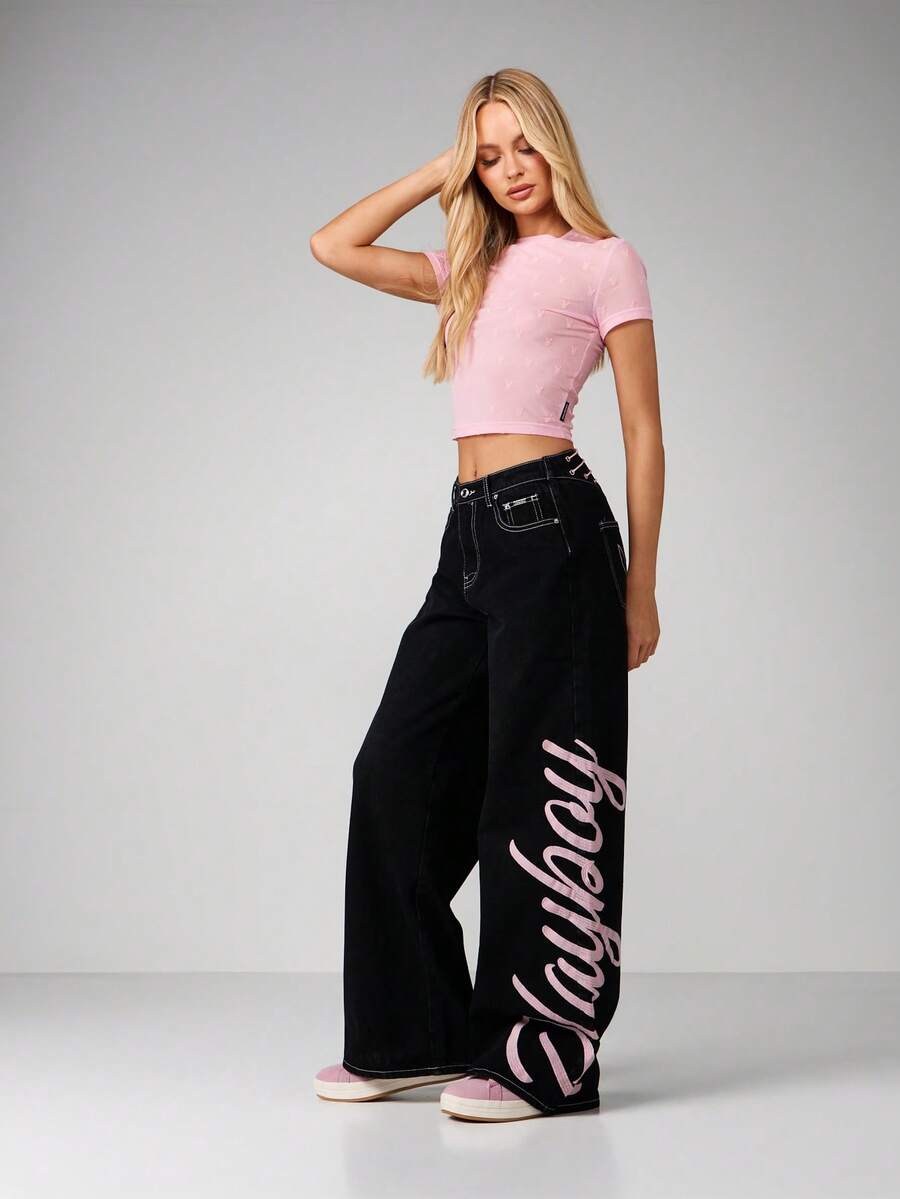 Missguided x Playboy High Rise Wide Leg Bunny Logo Script Baggy Jeans With Pink Details - Black - View 1