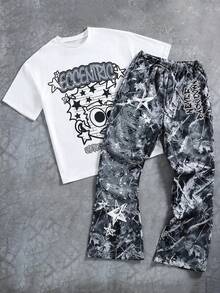 Coolqubz 两件套青少年男童街头风大图案针织圆领短袖T恤搭配印花针织喇叭裤，街头潮流风格，面料舒适，修身剪裁，春季新品，适合春、夏、秋季穿着。 - 深灰色 - 查看 1