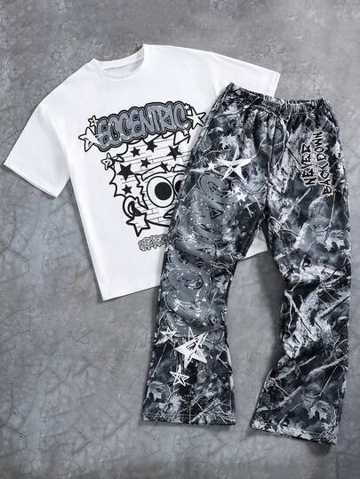 Coolqubz 2pcs/Set Teenage Boys High Street Big Graphic Knit Crew Neck Short T-Shirt Paired With All-Over Print Knit Flare Pants, Streetwear Style, Comfortable Fabric, Slim Fit, Spring New Arrival, Suitable For Spring, Summer, Autumn,Unisex