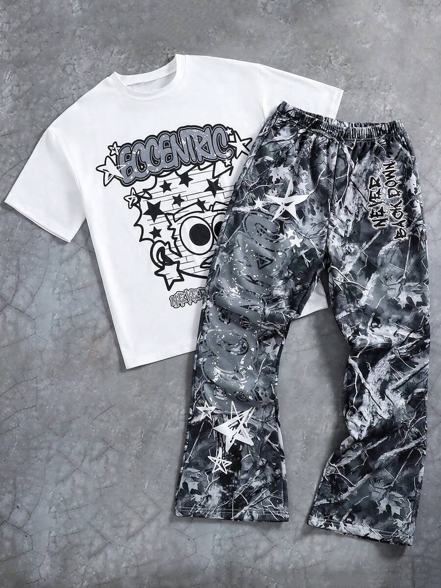 Coolqubz 两件套青少年男童街头风大图案针织圆领短袖T恤搭配印花针织喇叭裤，街头潮流风格，面料舒适，修身剪裁，春季新品，适合春、夏、秋季穿着。 - 深灰色 - 查看 1