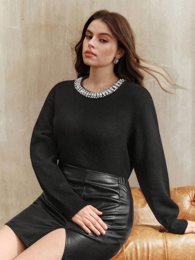 Valentine Women's Winter Sweater, Fashionable Rhinestone Embellished Crew Neck, Sweet & Youthful, Versatile Long Sleeve Black Knit Goddess-Level Plus Size Pullover Top, Suitable For Fall, Winter, New Year, Party, Wedding, Elegant, Chic, Stylish