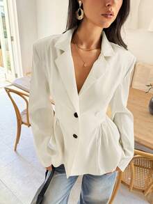 SHEIN Frenchy Women's French Casual Autumn Minimalist Solid Color Elegant Single-Breasted Buckle Puff Hem Lapel Collar Long Sleeve Blazer Blazer, Suitable For Commuting Cream Women Women Elegant,Fall Winter Women 2025 New! Oversized Loose Fit With Cinched Waist, Ideal For Work Office Business Casual, Teacher Style, Old Money Aesthetic, Suitable For Daily Wear & Outings,Autumn And Winter New Arrivals.All-Season,Women's Winter, New Year - Apricot - View 3