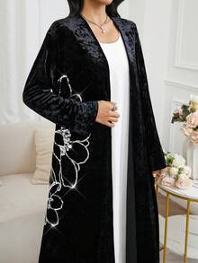 Al Najma Women's Velvet Patchwork Sequin Floral Pattern Open Front Abaya - Black - View 4