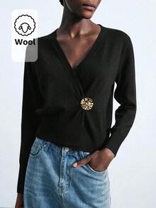 Maija Áo khoác cardigan tay raglan rộng rãi, thoải mái, cổ chữ V sâu thanh lịch, trang trí kim loại, cài nút cho nữ, trang phục thường ngày khi đi làm, công sở, trang phục giáo viên, áo khoác ngoài cơ bản, thu/đông, áo khoác cardigan màu đen - màu đen - Xem 7