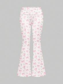ROMWE Kawaii Spring/Summergraphicpink[Lingerie] Cute & Sexy Camisole & Flared Pants Set, Multi-Layer Waistband Ruched Sexy Lady Trousers - Pink - View 7