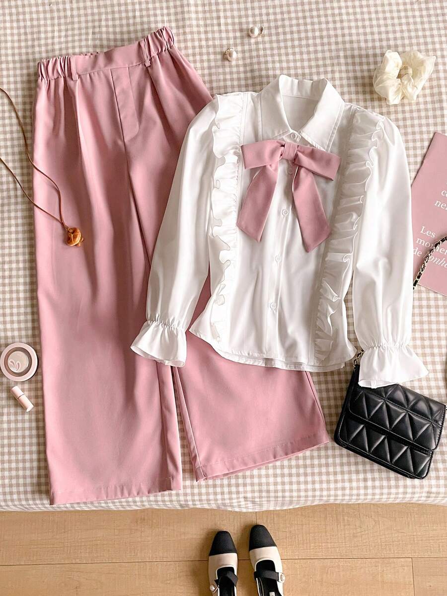 Sparklyn 女童休闲通勤优雅荷叶边衬衫和裤子百搭套装 - 彩色 - 查看 1